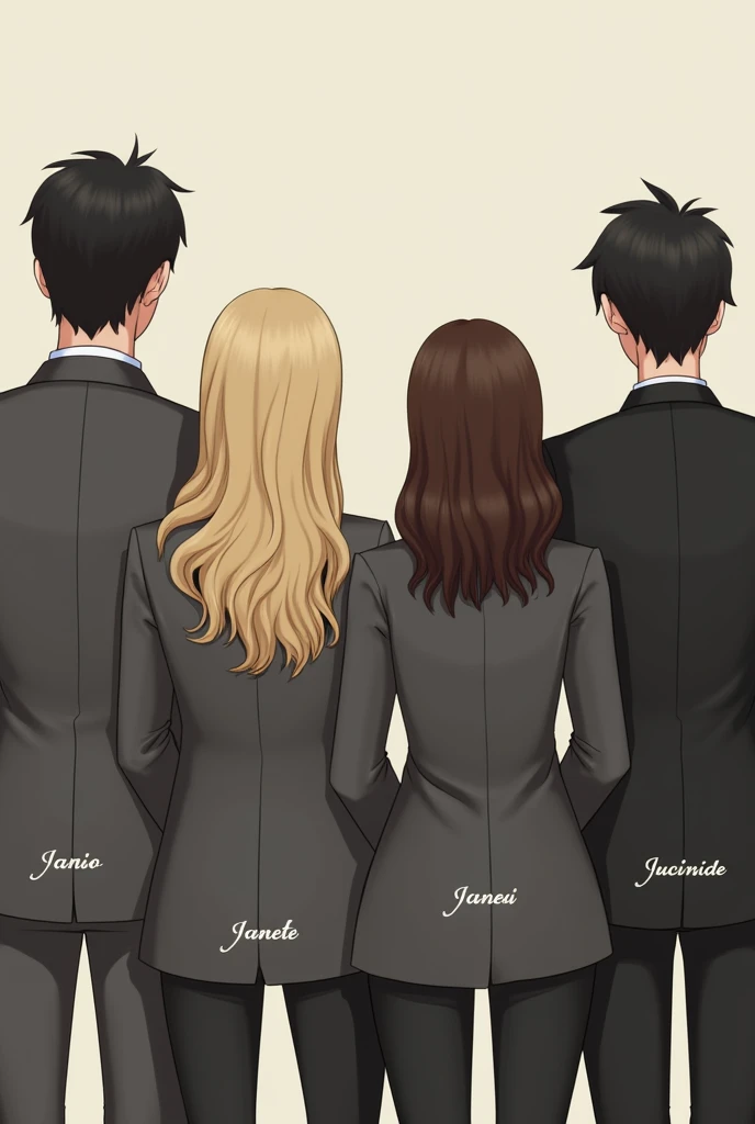 Design of 4 people , 1 man and 3 women , everyone with their backs in the image  ,   The man has short dark hair  ,   The woman next to him is a blonde with long curly hair,  the second has short brown shoulder hair and the third has short hair, black and ...