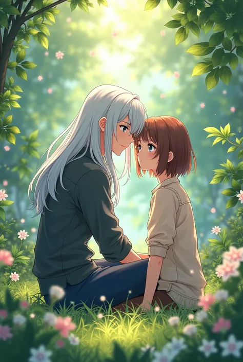 Generate 17-year-old boy with long white hair,  handsome young man without a beard wearing handsome boys clothes next to a pretty girl with short hair with brown hair, the two of us sitting in a garden looking at the anime-style camera 