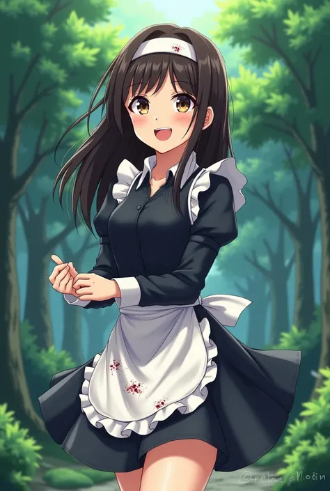 Beautiful anime girl with a striking and attractive appearance with light brown eyes,  fair skin and straight dark brown hair dressed in a one-piece black or dark blue dress,  combined with a white apron and with scuffs ,  and also combined with a white Ka...