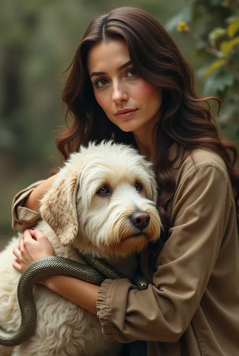 Gender woman 40 years old with brown eyes  , long brown wavy hair hugging a large dog with very curly white hair
And a snake around a womans neck
