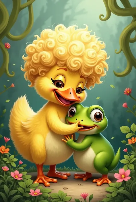 A picture of what looks like a curly-haired duck and a frog