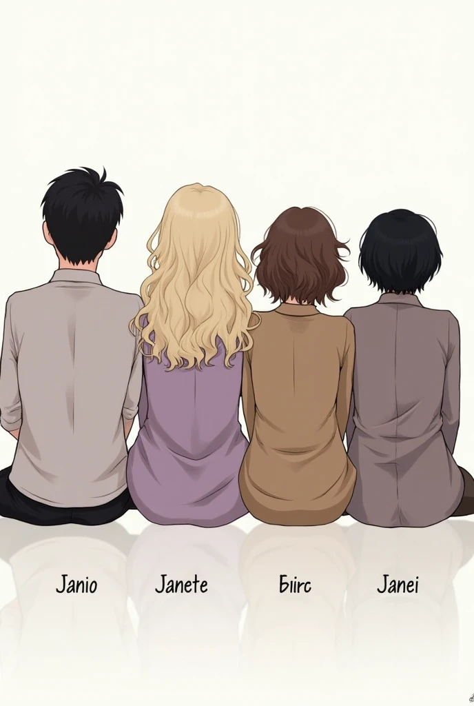 Design of 4 people , 1 man and 3 women , everyone with their backs in the image  ,   The man has short dark hair  ,   The woman next to him is a blonde with long curly hair,  the second has short brown hair and the third has short hair, black and wavy,  wi...