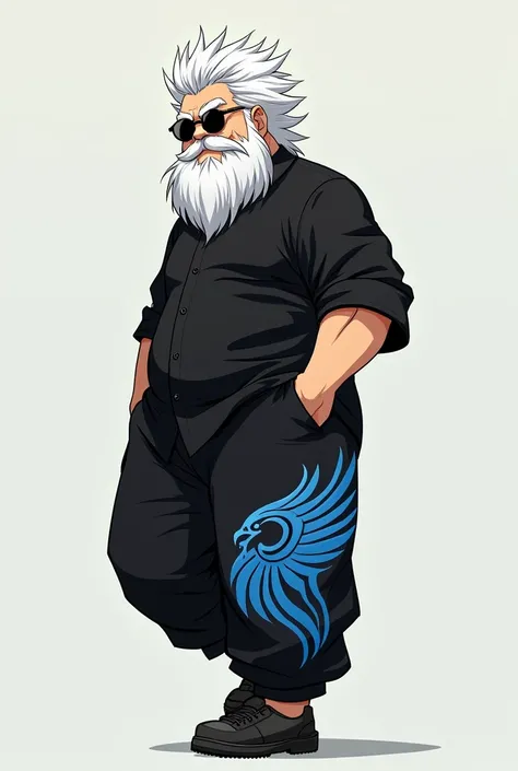 a free fire character style: anime
a "white hair standing on end", a "beard with round black glasses over his eyes", an "all black shirt", "black pants with a blue eagle wing", and a foot 