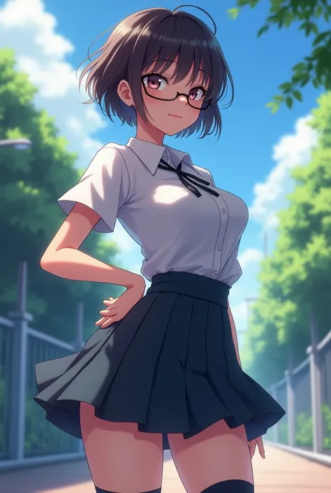 Create a short-haired anime girl,  herself wearing glasses,  with big boobs and big ass, wearing Japanese school uniform