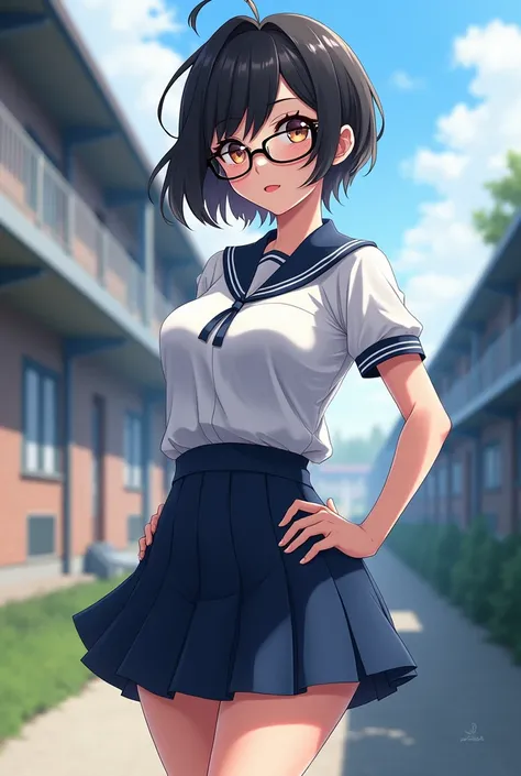 Create a short-haired anime girl,  herself wearing glasses,  with big boobs and big ass, wearing Japanese school uniform