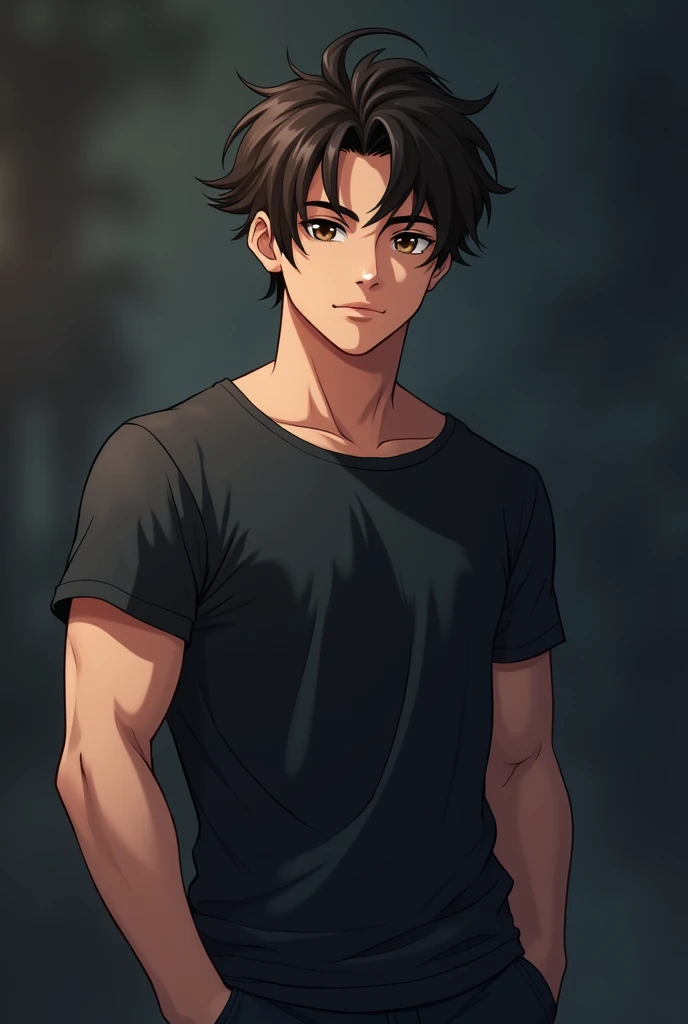 The teenage in the dark T-shirt shows off his well-built for his age body. The guy has light, slightly tanned skin. He has brown eyes and slightly overgrown, disheveled brunette hair. On a dark background. Anime. 