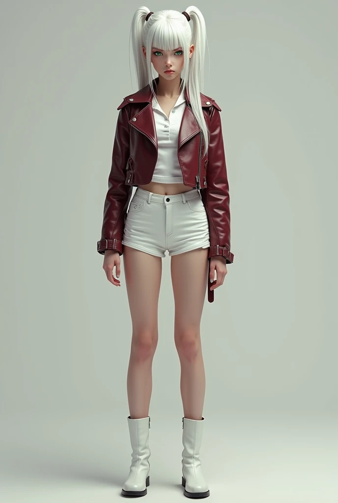 Photorealistic, full body shot, Teen female, white skin, long white hair tied in a very long and tight ponytail, green eyes, serious facial expression, wearing short dark red leather jacket, wearing tight white shirt underneath, wearing very short white sh...