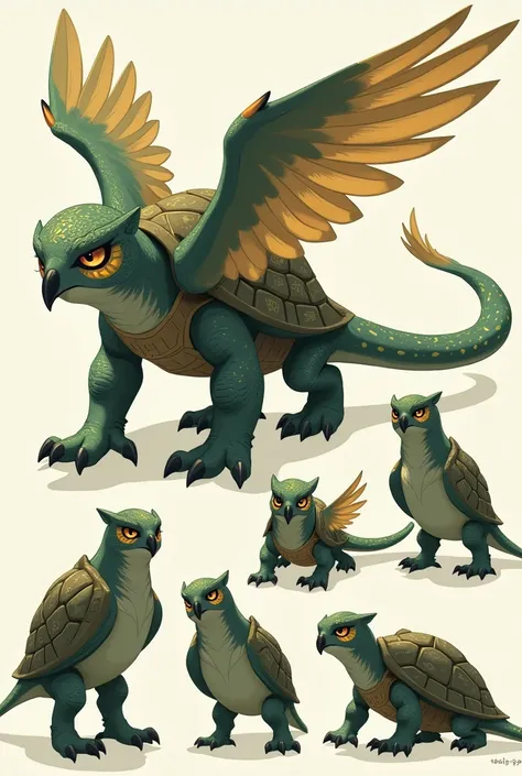 Create a character sheet of a majestic chimera that combines features of a turtle and an owl, rendered in a serene anime style inspired by Studio Ghiblis Princess Mononoke. Includes detailed front, side, and back views of the chimera, along with close-ups ...