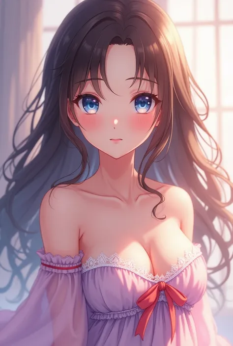 a pretty, beautiful anime girl with brown hair and blue eyes wearing a dress