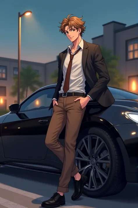  Boy with light brown hair and curlers ,  brown eyes, He has a radiant smile .  He wears a white button-down shirt and a brown tie ,  and wears his black blazer ,  on his left arm along with brown pants and black shoes .  He is leaning on a black car outsi...