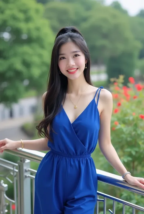 A full image of beautiful Asian  woman,,,white soft skin, smiled, long black straight hair with ponytail on top,wearing royal-blue sleeveless  short jumpsuits, white sandals, with gold accessories,necklace,  holding on stainless railings of terrace on 2nd ...