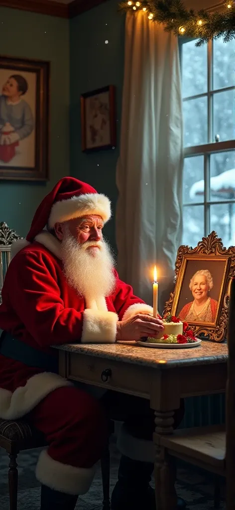  of Santa Claus ,  Santa himself is sitting silently at a small rustic wooden table ,  wearing her characteristic red hat ,  but slightly droopy , reflecting his melancholy . In the center of the table,  lies a cake decorated with Christmas details ,  with...