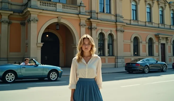 City. Street. A dramatic theater with "Mihai Eminescu" written on the frontispiece. A beautiful girl dressed in a white blouse and blue skirt, on a summers day, stands at the entrance of the theater. A convertible car with a 500 horsepower engine is parked...