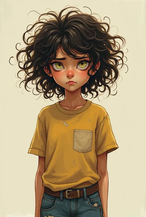 Create an image of a character named Miojo, inspired by the phrase me hate myself. The character has hair that resembles instant noodles, curly and wild. They have a melancholic and self-deprecating expression, reflecting a depressed, yet sarcastic, person...