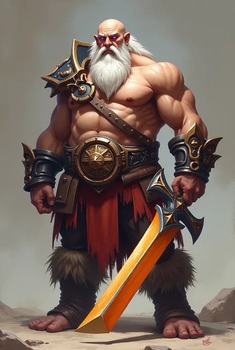 A dwarf, type World of Warcraft ,  with a long beard and white mustache , calvo, purple-eyed, human ears,  bare-breasted , without anything to cover it,  either shirt or armor , without a cape or anything to cover his back ,  full body,  with an epic two-h...