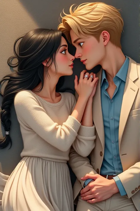 The girl had her long black waist length hair in a braid and she is in a sweater and a maxi skirt while the guy is blond and is wearing a crème suit with a blue button up and they’re holding hands with the hands being their wedding rings touching eachother...