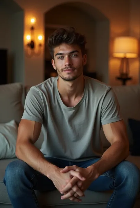 A 19-year-old man with a muscular build, sitting on a modern sofa in a stylish, dimly lit living room. He is casually dressed in a loose t-shirt and jeans, looking confidently at the camera with a relaxed and charming expression. The background features am...