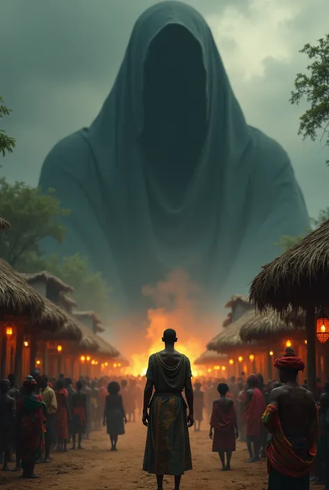  Generate a scene of an African  village  surrounded  by a shadow lingered over the festivities. Also a wealthy  African  handsome trader named Edegbe, known for his cunning ways, had grown envious of the reverence given to the calabash.  It should be of y...