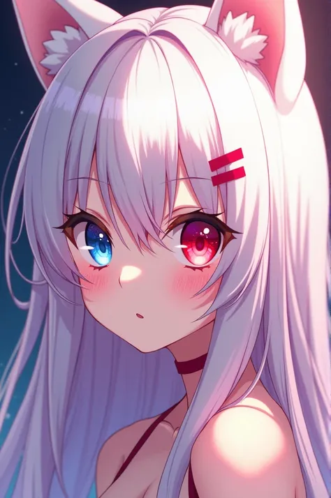 Half human girl with a red and a blue eye and long feline ears. Her beautiful, fluffy hair is long, including white and light pink in it. She should have a seductive and mischievous gaze. Anime art