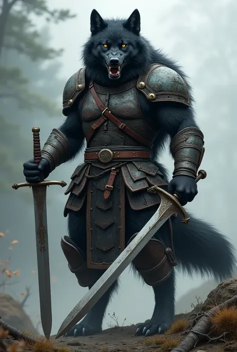 Black wolf as a warrior of 19th century standing on toww feet with armor and sword