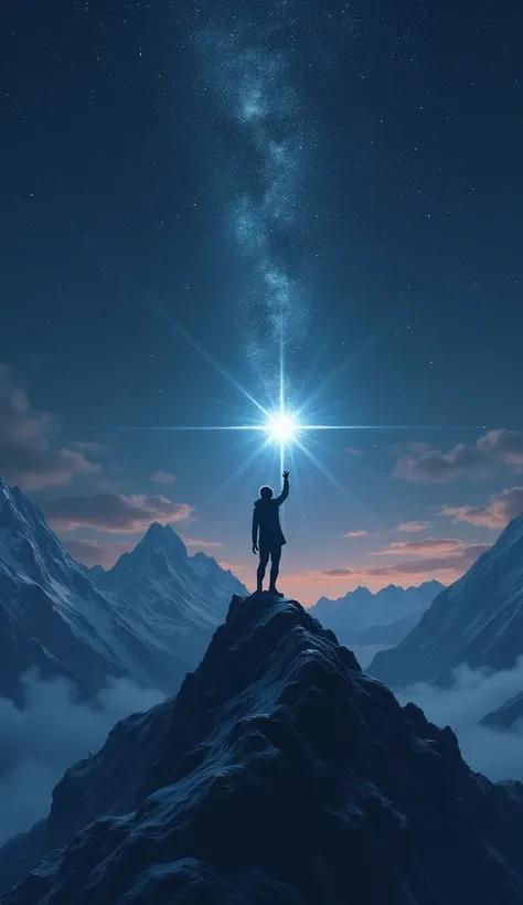  A person holding a star on top of a mountain, with other stars floating in the sky 