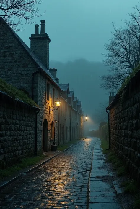 1. Glenmoor  bajo la tormenta
" A small Scottish town , Glenmoor ,  plunged into a stormy night .  Torrential rain falls on cobblestone streets ,  transforming them into a mud .  The stone houses ,  covered in moss and moisture ,  reflect a pale and diffus...