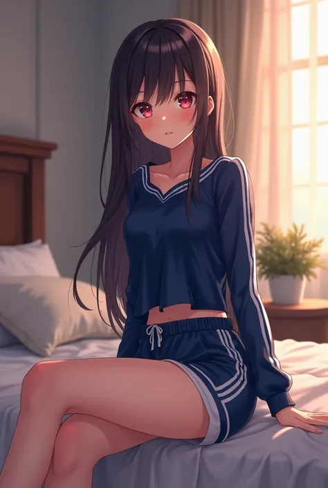  Draw a woman in anime-style school sports suit wearing navy blue school sweatpants, woman showing her buttocks and legs closed in a sexy pose , Must be drawn in a room at home 