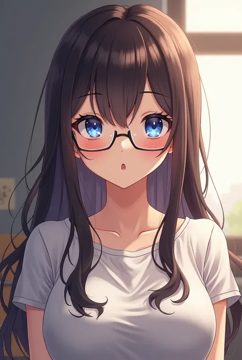 Porn with a beautiful anime girl with a modest horucter wearing glasses with blue eyes and healthy long hair 