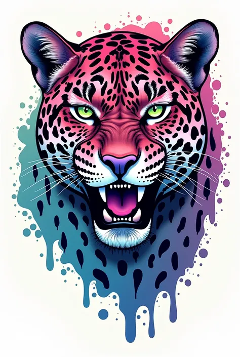 a drawing of a leopard on a white background, Jaguar head tattoodesign, Jaguar, colored illustration for tattoo, hyperbeast design, great use of line work and color, wildstyle, tristan eatons wallpaper, neotradicional tattoo flash, color purple, blue, gree...