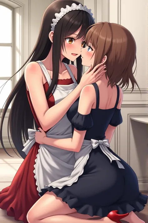 Beautiful anime girl with a striking and attractive appearance with light brown eyes,  fair skin and straight dark brown hair dressed in a one-piece black or dark blue dress,  combined with a white apron and with scuffs ,  and also combined with a white Ka...