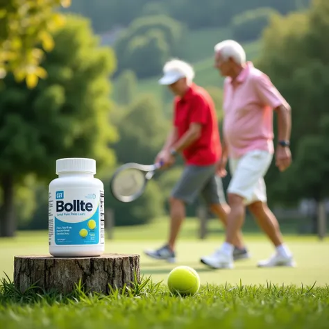 An older couple playing tennis, golf, or any light sport in an outdoor setting. The joint pain product bollte is showcased on the sidelines, on a small podium or grassy patch.