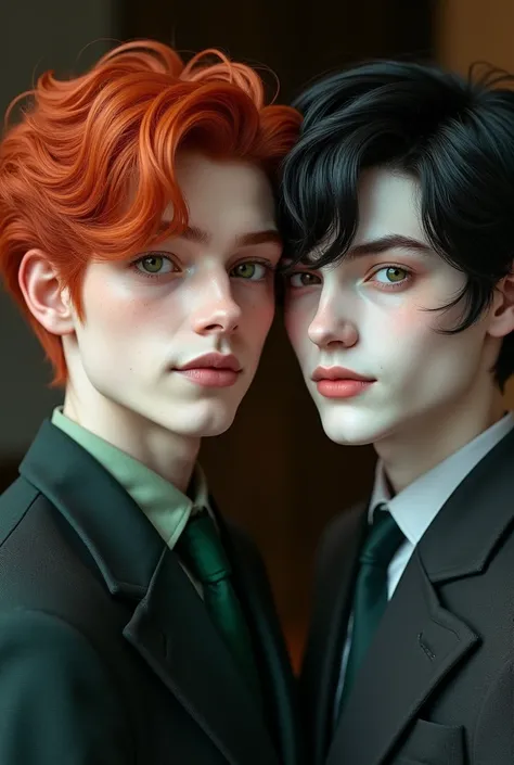  Creates the image of two real gentlemen one with reddish hair like lava, white skin ,  with green eyes like emerald and a manly face . at his side,  another gentleman with hair as black as night ,  laceo and his skin as white as snow , high,  honey-colore...