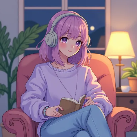 Lofi Pop Character Description:

Outfit Style:

The character wears comfortable, casual clothing like an oversized sweater in pastel tones (such as lavender, light pink, or baby blue) and loose-fitting pants, maybe high-waisted jeans or leggings.
Accessori...