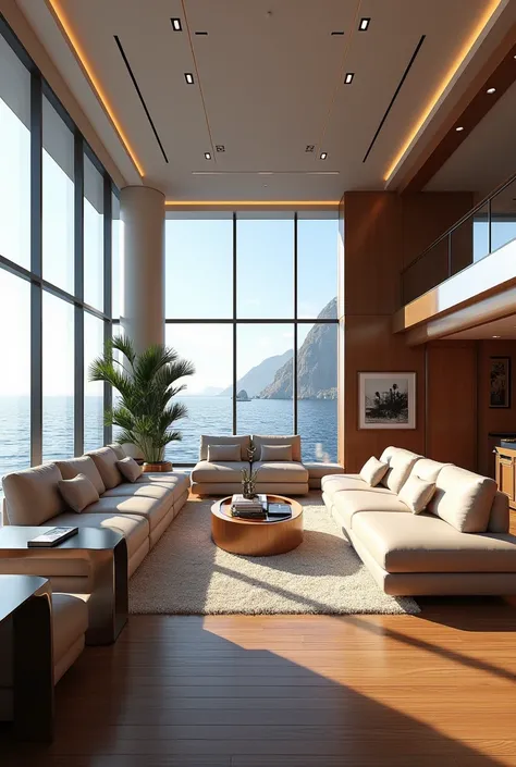 Create a very realistic photo of the interior of a luxury yacht. 