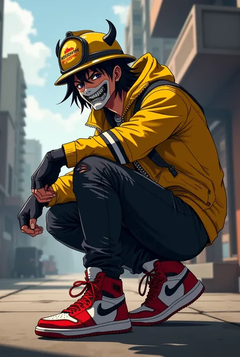 anime character man from free fire with the yellow jacket black pants on the right knee a devil mask red nike shoes with white a firefighter helmet