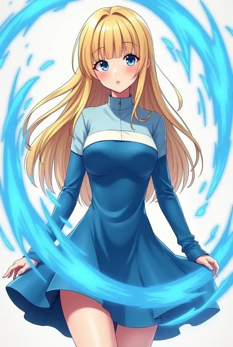 Anime girl long blonde hair brat bang and soft blue eyes and brown corney skin has power blue ring energy. Here are the details about the clothing:
Outfit Description:

1. Dress Design:
The dress is a long-sleeve skater dress in two shades of blue.
The upp...