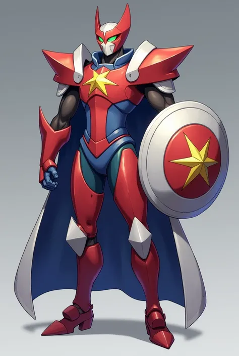  Captain Shield is an imposing Pokémon ,  with full armor that combines metallic colors in red, blue and white. His circular shield ,  decorated with a bright star ,  has sharp edges for attacks . . He wears a short cape that symbolizes leadership .