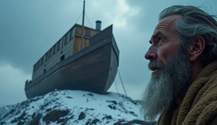 A cinematic and mysterious depiction of a colossal wooden ark resting on a snow-covered mountain peak under a dark, cloudy sky. On the far right of the image, a very large close-up of a man resembling a biblical Noah. His face is prominent, with weathered ...