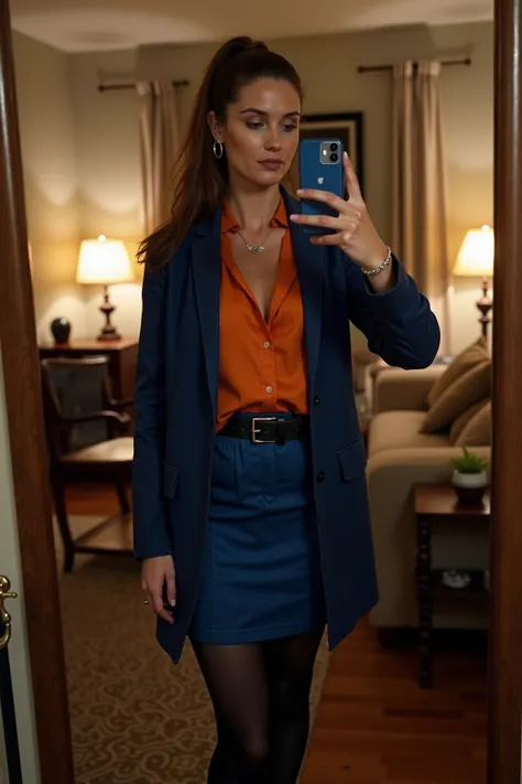  A woman with brown hair and ponytail, Selfie in the living room , at night,  black pantyhose , blue skirt ,  black belt, orange blouse , blue blazer 