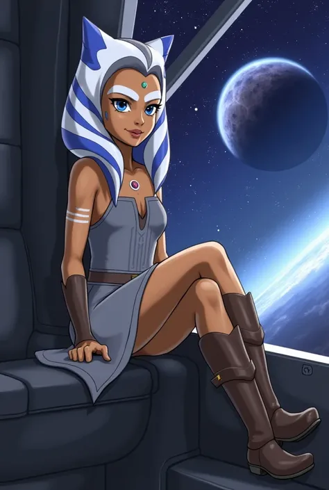 masterpiece, best quality, (1girl), ahsoka_rebels, alien, 1girl, cowboy shot, space background, planet, galaxy, grey dress, boots, blue eyes, detailed eyes, space ship interior, scifi, sitting, starry sky, upper body, looking at viewer