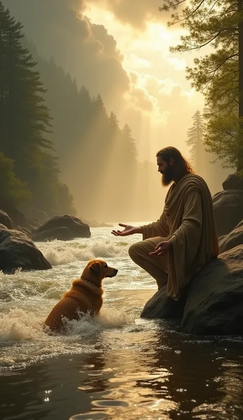 Alta qualidade, 8K Ultra HD, "An inspiring and spiritual scene set in a mystical river surrounded by large stones and lush forest. The image depicts a man resembling a biblical figure with long hair and a beard, wearing a flowing, earth-toned robe. He knee...