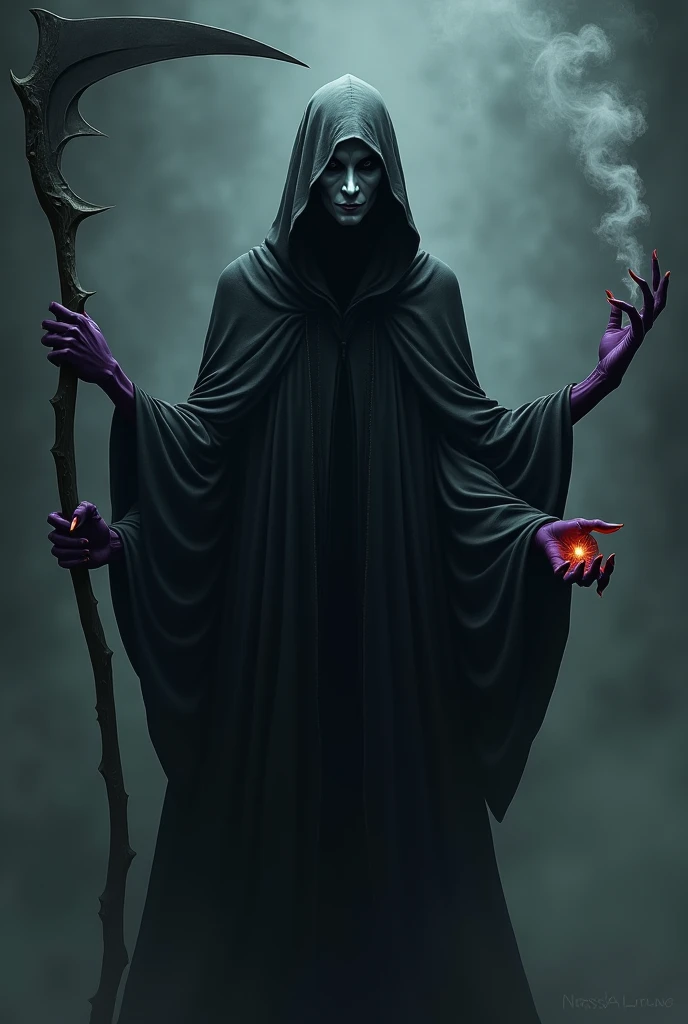 Cloaked figure, pitch black eyes, and a creepy smile.hood over head covering forehead and creating a shadow over face. No eyebrows. White light purple tinted skin. Four arms with sagging cloak sleeves. Holding a smoking black scythe. Long sharp red nails o...