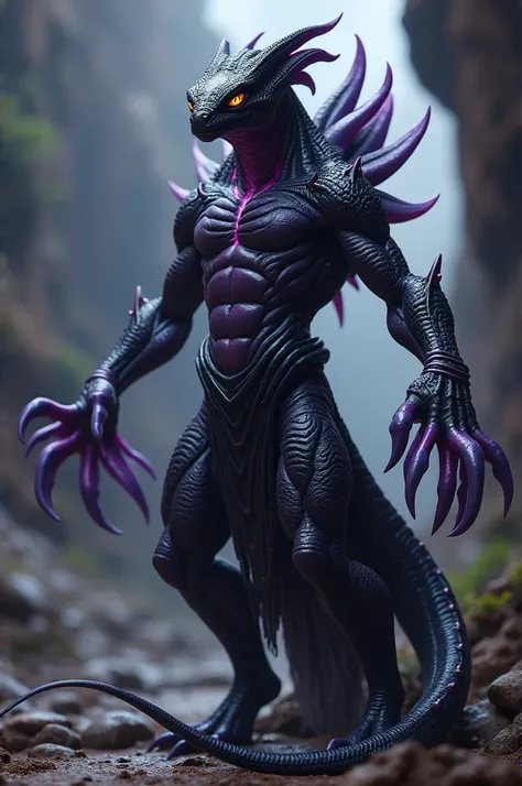 A reptilian humanoid alien ,big, with tentacles on its arms , amber eyes and attractive black skin with violet reflection 