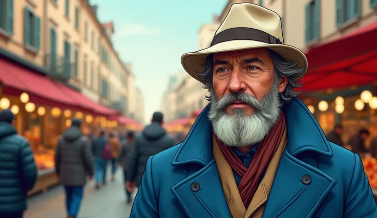 Create a vibrant and lively illustration A man wears a blue wool coat and a classic, slightly worn white fedora hat.  The character should have deep, intelligent eyes and a calm demeanor, a thick long beard.  Going to the crowded market where people are sh...