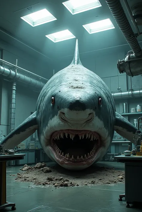 It generates a decaying giant shark in a laboratory (ultra realistic)