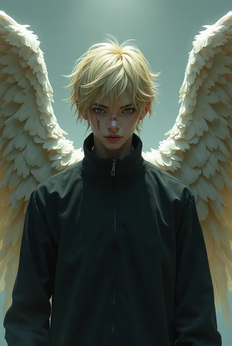  a 20-year-old man , with short blonde hair, Angel Wings, black skin, with four eyes and a scar on the nose 