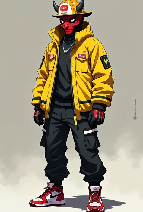 anime character man from free fire with the entire yellow jacket but has two white lines above the elbow on both sides of the jacket black pants on the right knee a devil mask red and white nike shoes a firefighter helmet that is made of front is for a You...