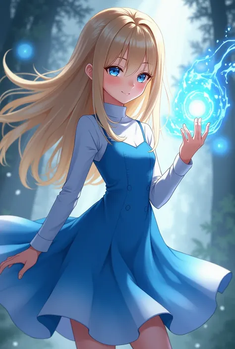 Anime girl long blonde hair sewpt bang and soft blue eyes and brown corney skin has power blue ring energy. Here are the details about the clothing:
Outfit Description:
1. Dress Design:
The dress is a long-sleeve skater dress in two shades of blue.
The upp...