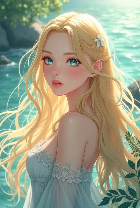 Beautiful anime woman with long blonde hair and sea blue eyes 