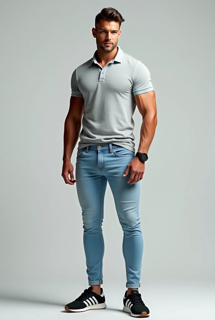 Create an image of a man wearing light blue jean pants , black shoes with white stripes similar to the Adidas neo and a light gray polo shirt, tight shirt and pants.  I want this image to give me an idea of what those clothes would look like 